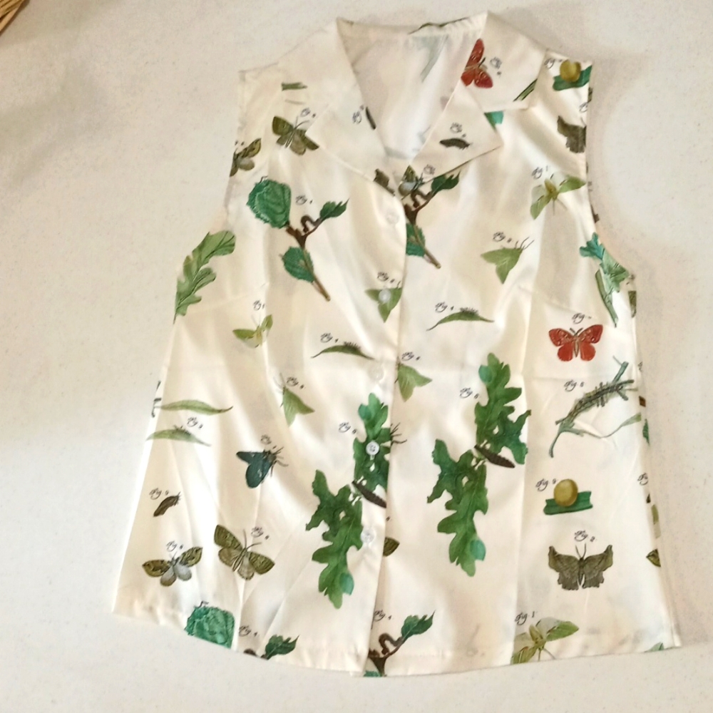 Moth Print Blouse - Green and Red Accents